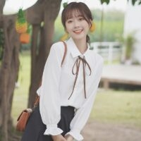 Camisa Blanca Mangas Trompeta Chica De Moda Con Lazo otoño kawaii