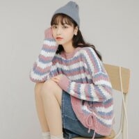 패션 걸스 루즈 쇼트 스타일 대비 컬러 스트라이프 스웨터 가을 카와이