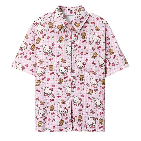 Camisa de manga corta con estampado de gato gatito rosa retro gatito gato kawaii