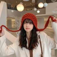 Chapeau tricoté en dentelle longue et douce pour fille, tricoté à la main, Kawaii Kawaii tricoté à la main