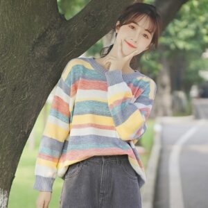 Универсальный полосатый свитер для девочек в Корейском стиле, универсальный каваи