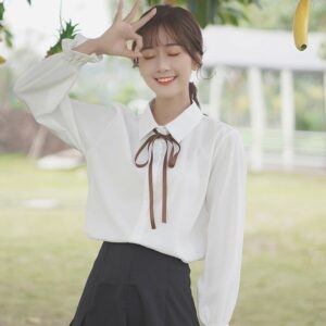 Mode meisje trompetmouwen wit shirt met strik herfst kawaii