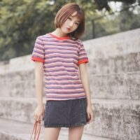 패션 대학생 스타일 레인보우 스트라이프 티셔츠 올 매치 카와이