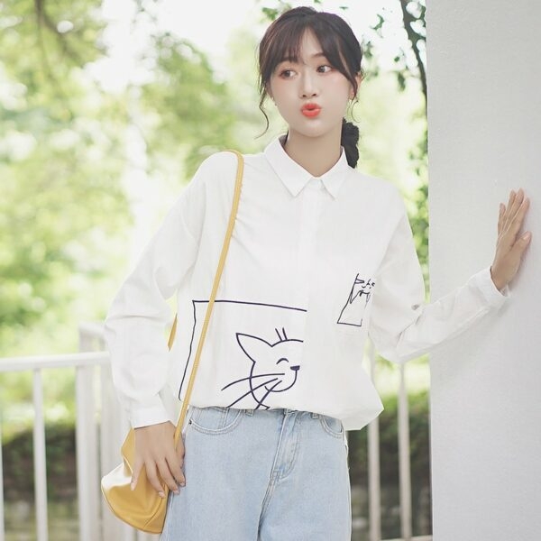 Fashion College Style Cat Embroidered Lapel White Shirt autumn kawaii