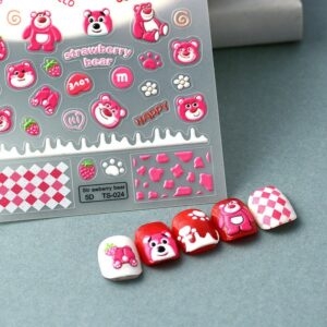 귀여운 3D 딸기 곰 양각 네일 스티커 곰 귀여운