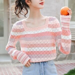 프랑스 패션 핑크 스트라이프 중공 스웨터 올 매치 카와이