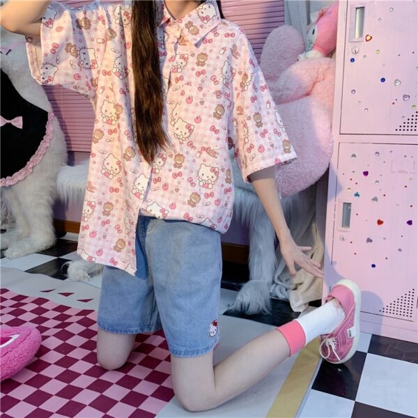 Розовая рубашка с короткими рукавами и принтом Kitty Cat в стиле ретро Китти Кот кавайи
