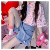 Pantalones cortos de mezclilla con bordado de Hello Kitty estilo niña suave Shorts vaqueros kawaii