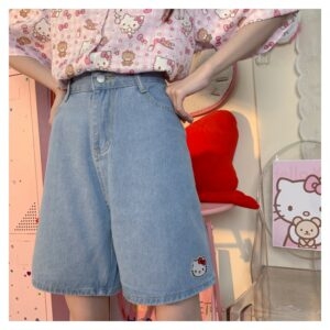 Shorts jeans macios estilo menina Hello Kitty bordados Shorts jeans kawaii