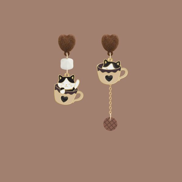 Boucles d'oreilles asymétriques mignonnes tasse à café Kitty boucles d'oreilles asymétriques kawaii