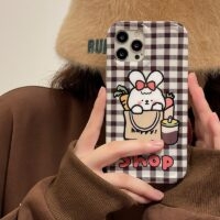Śliczne etui na iPhone'a w kształcie królika w kratę w stylu retro iPhone 11 kawaii
