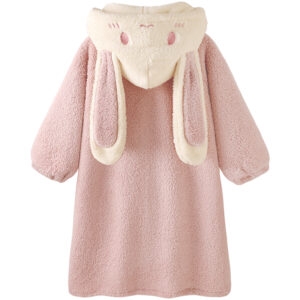 Niedlicher rosa Kaninchen-Pyjama aus verdicktem Korallenfleece, japanisches Kawaii