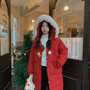 Красное рождественское хлопковое пальто в сладком стиле, рождественское каваи