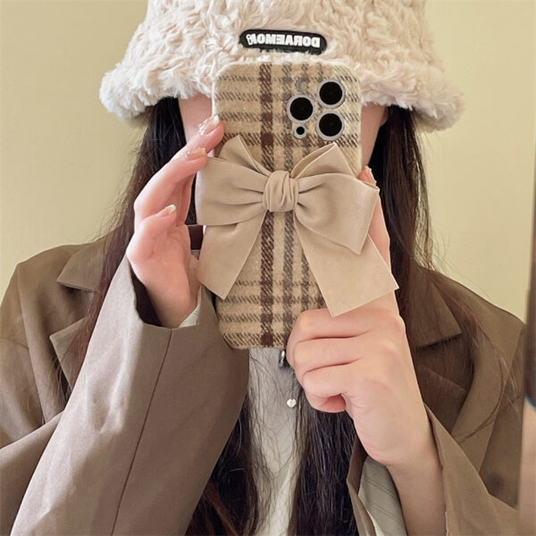 Śliczne modne etui na iPhone'a w kratę z aksamitną kokardką Kokardka, kawaii