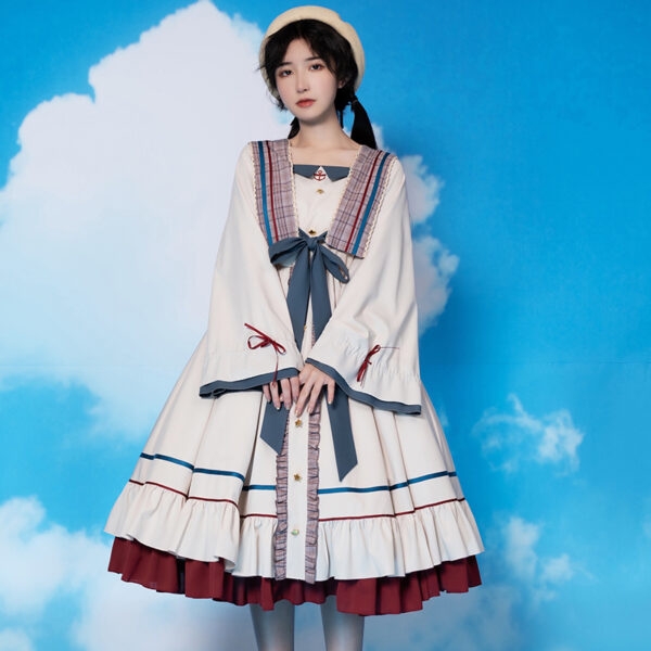 Originelles langes Lolita-Kleid mit Kordelzug und Riemen Herbst kawaii