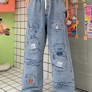 ins estilo nicho design cartoon coelho calças jeans Ins kawaii