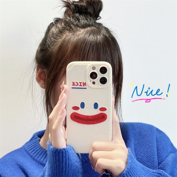 Funda y vinilo para iPhone Emoji con cara sonriente bordada de felpa linda Bordado kawaii