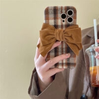 Śliczne modne etui na iPhone'a w kratę z aksamitną kokardką Kokardka, kawaii
