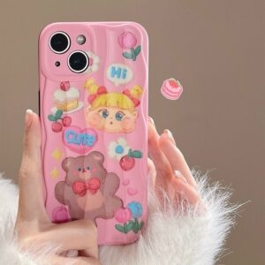 かわいいピンクの油絵クマ iPhone ケースクマかわいい