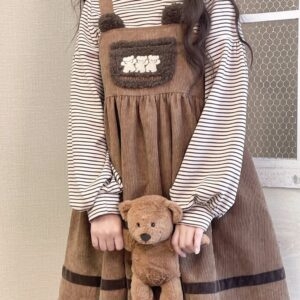 Vestido de veludo kawaii vintage urso outono kawaii