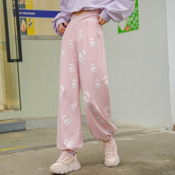 Calça casual rosa de cintura alta com design original calça casual kawaii