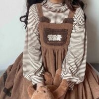 Vestido de veludo kawaii vintage urso outono kawaii
