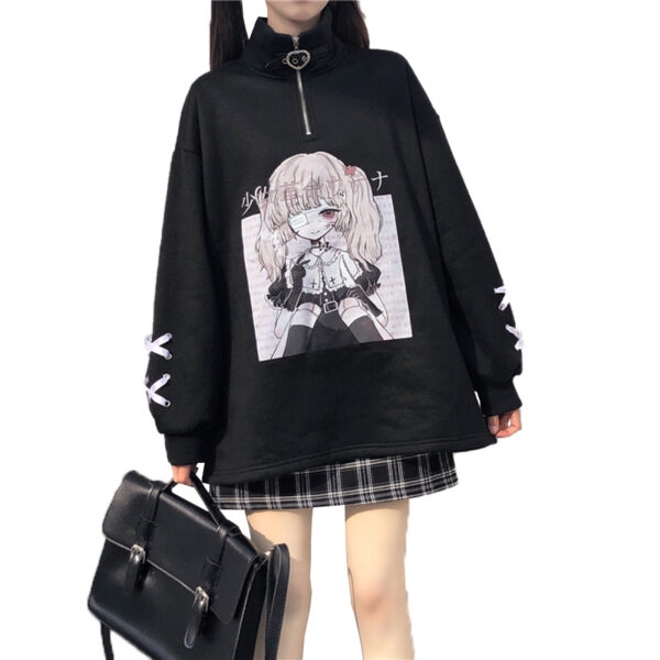 Sudadera con capucha de anime con puños de cinta y chica kawaii otoño kawaii