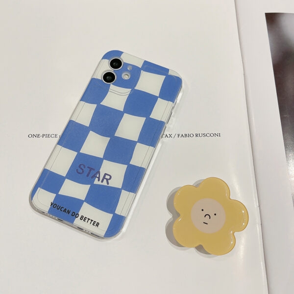 Capa para iPhone com flor xadrez azul Tabuleiro de damas kawaii