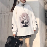Sudadera con capucha de anime con puños de cinta y chica kawaii otoño kawaii