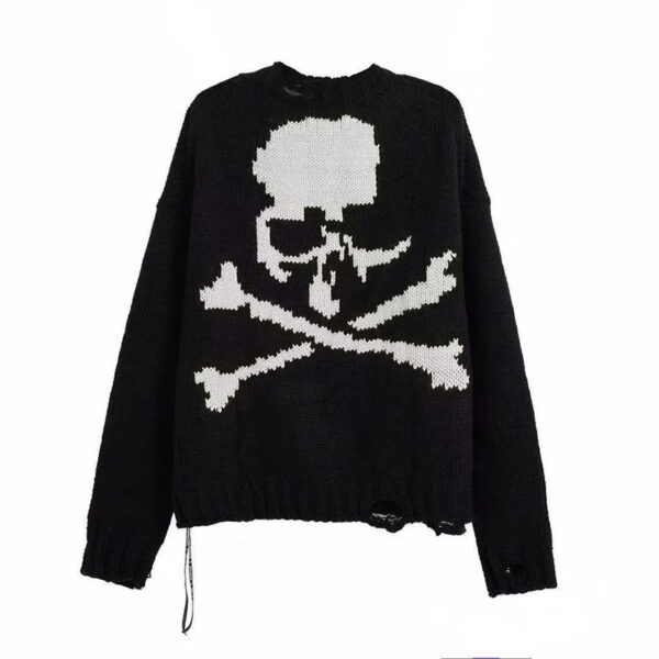 Svart Skull Print Hollow Out Knit Sweater Stickad tröja kawaii