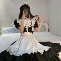 Elegancki czarno-biały zestaw długiej spódnicy pokojówki koronkowa duża spódnica kawaii