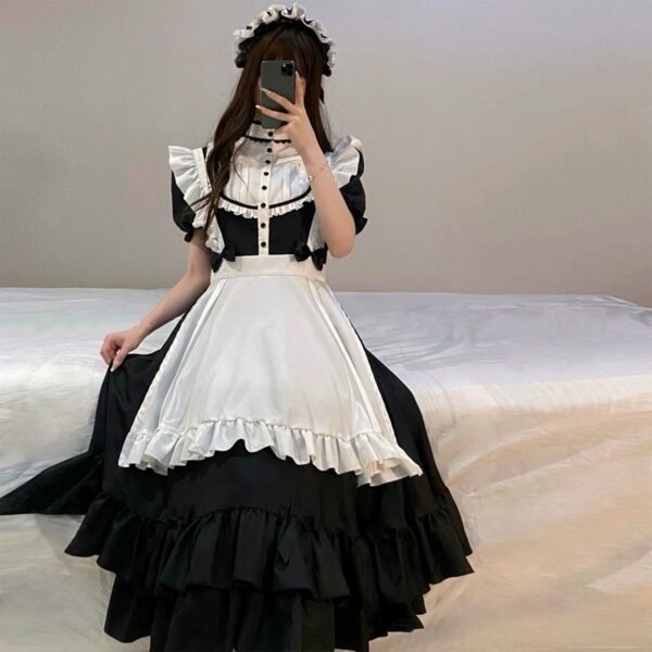 Elegantes schwarz-weißes Dienstmädchen-Langrock-Set Großer Spitzenrock kawaii