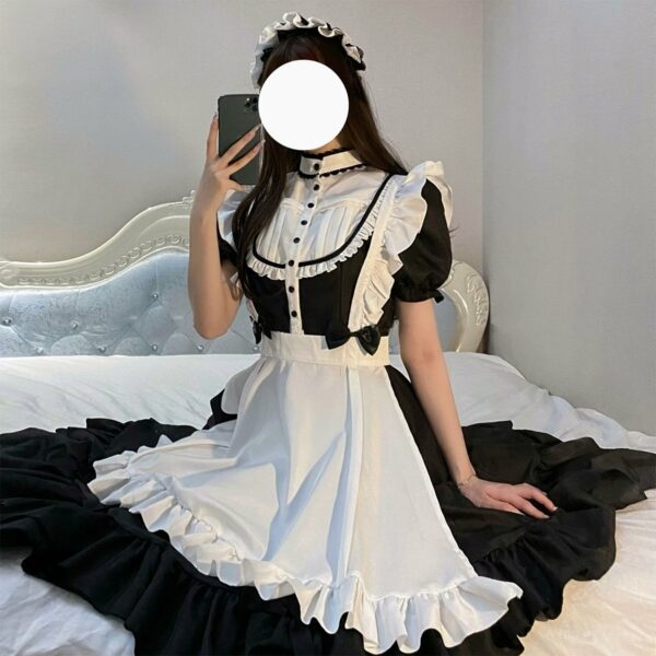 Elegant svart och vit Maid Lång Kjol Set spets stor kjol kawaii