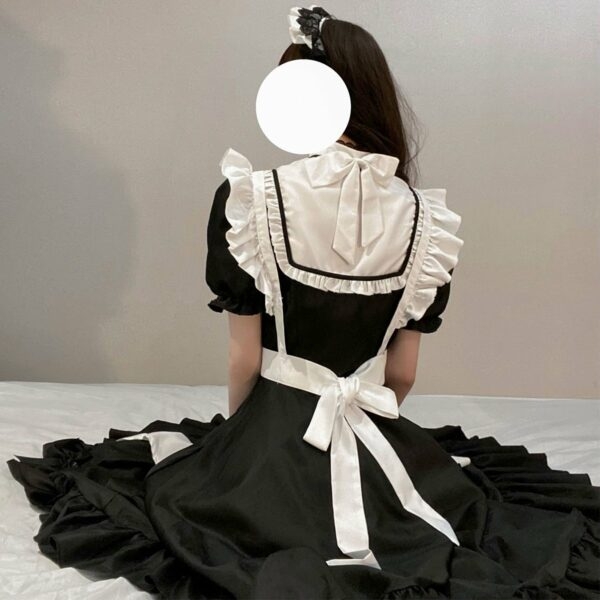 Elegant Black And White Maid Long Skirt Set lace large skirt kawaii