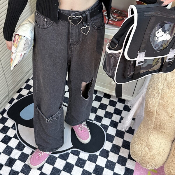 Jeans rectos de cintura alta delgados de chica de moda otoño kawaii