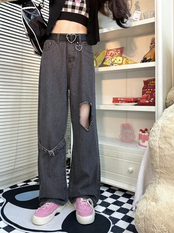Jeans rectos de cintura alta delgados de chica de moda otoño kawaii