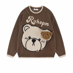 Sweter z okrągłym dekoltem w kształcie japońskiego misia z niedźwiedziem i torbą z niedźwiedziem kawaii