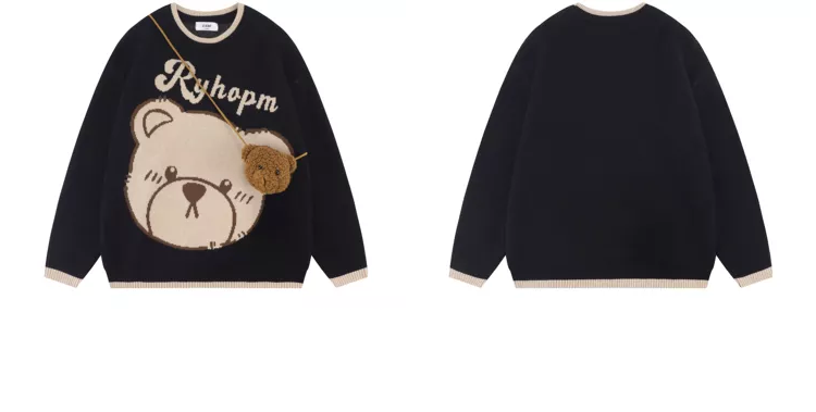 Suéter de gola redonda de urso de desenho animado japonês com bolsa de urso