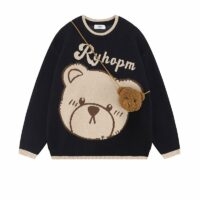 Suéter de gola redonda de urso de desenho animado japonês com bolsa de urso urso kawaii