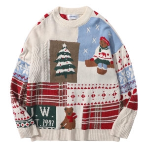 Japoński sweter w stylu Retro Christmas Bear z okrągłym dekoltem, niedźwiedź kawaii