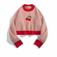 日本のレトロコントラストカラーフルーツ刺繍ショートセーターコントラストカラーがカワイイ