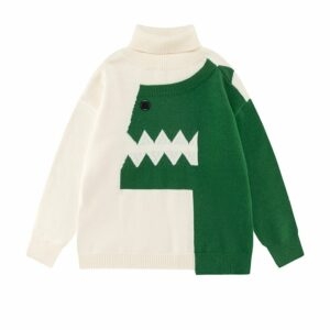 Japanese Vintage Dinosaur Embroidered Turtleneck Sweater Couple kawaii