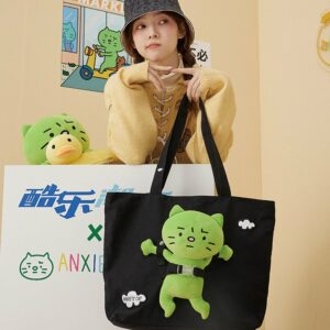 Kawaii Śliczna płócienna torba na ramię z zielonym kotem płócienna torba kawaii