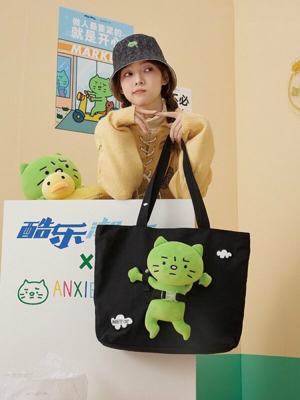Kawaii Śliczna płócienna torba na ramię z zielonym kotem płócienna torba kawaii