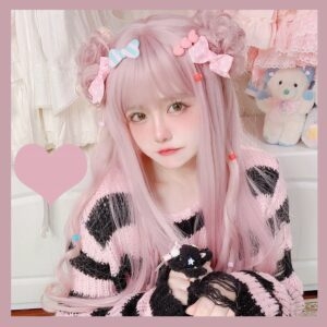 Peruca de cabelo longo rosa Kawaii Lolita Peruca de cabelo kawaii