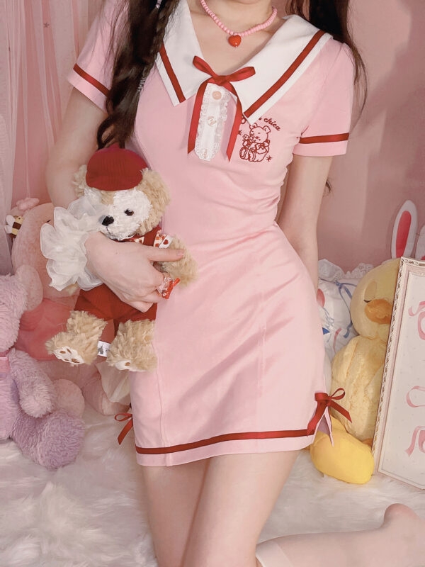 Sweet Pink Trim Teddy Dress Navy kawaii