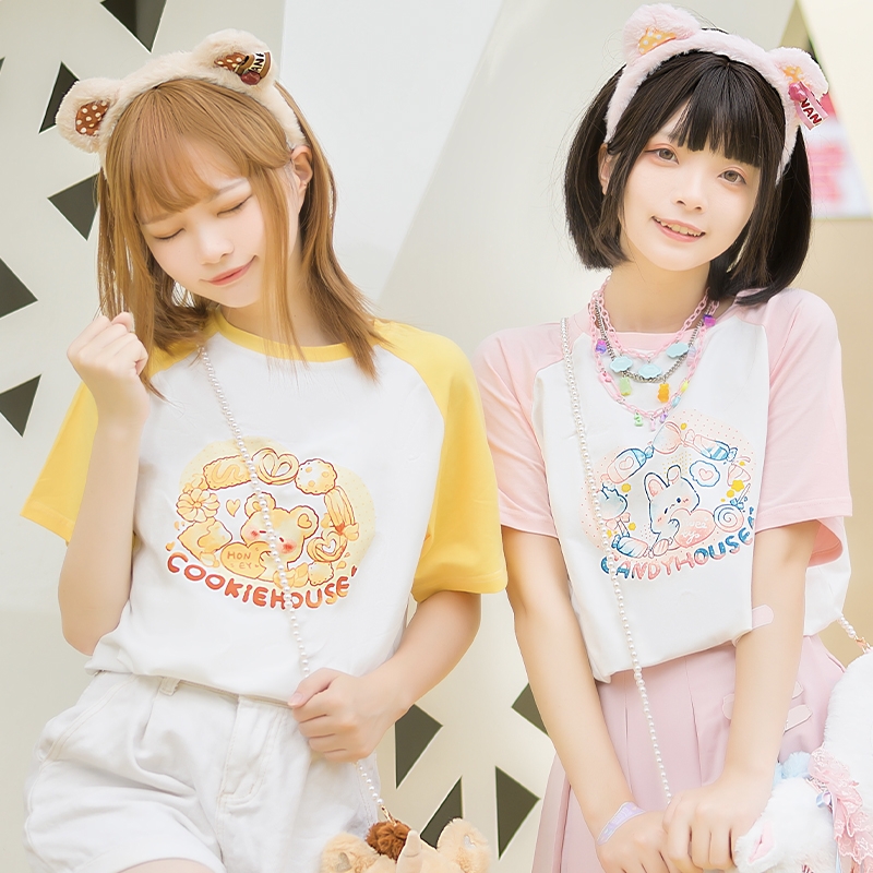 Kawaii Soft Girl Style Japanese Cartoon Print T-shirt - M, common rabbit