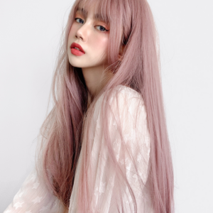 Różowa długa prosta peruka Lolita Kawaii Lolity
