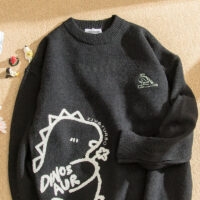 Japanese Lazy Style Cartoon Dinosaur Print Sweater Cartoon kawaii