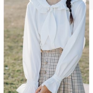 Japansk långärmad vit skjorta med bowknot Bow kawaii